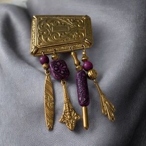 Vintage Gold and Purple Dangle Brooch